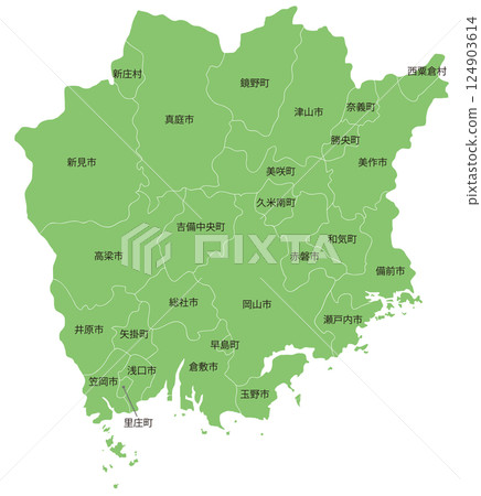 Dividable map of Okayama prefecture with names of cities, towns and villages 124903614