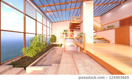 Living room with large windows Living room with large windows 124903669