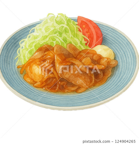 豬肉薑炒飯插圖，水彩風格，配上切碎的捲心菜和西紅柿（手繪風格） 124904265