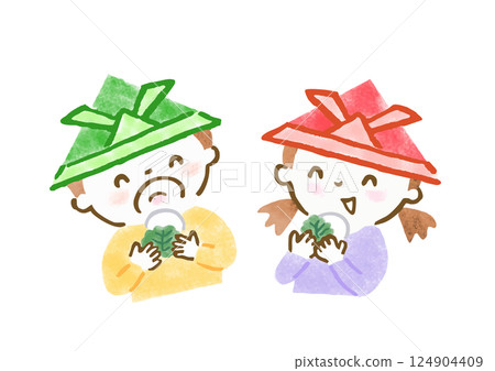Hand-drawn illustration of a boy and girl wearing paper helmets and eating kashiwamochi 124904409
