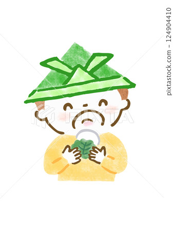 Hand-drawn illustration of a boy wearing a paper helmet and eating kashiwamochi 124904410