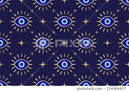 Evil eye seamless pattern. Turkish vector background with blue beads and magic nazar. Mystic Greek amulet is the symbol of protection and luck. Arabic and Mediterranean ethnic wallpaper 124904457