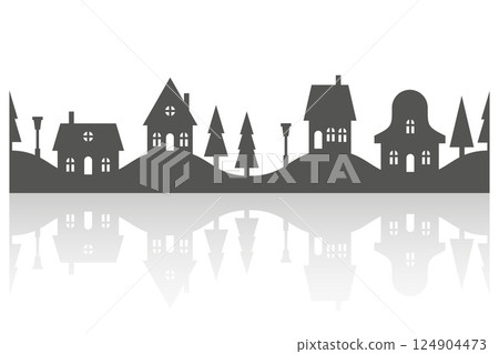 Silhouette of neighborhood houses. Small homes and buildings on skyline. Christmas town and village on white background. Row of cottages on the street with fir trees. Seamless border with reflection Silhouette of neighborhood houses. Small homes and buildings on skyline. Christmas town and village on white background. Row of cottages on the street with fir trees. Seamless border with reflection 124904473