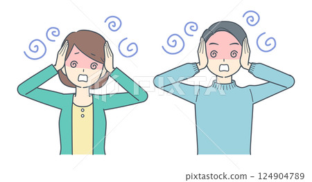 Confused man and woman holding their heads 124904789