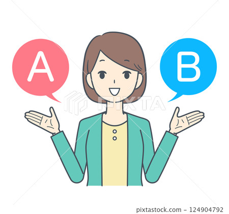 A woman choosing between options A and B, smiling 124904792