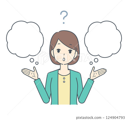 A woman thinking with a question mark A woman thinking with a question mark 124904793