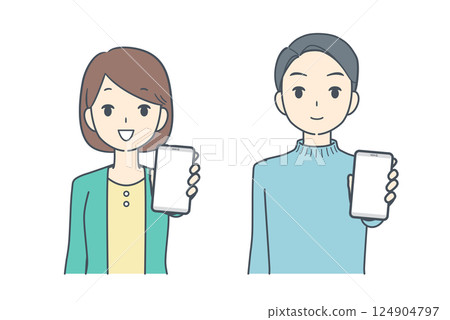 一名男子和一名女子拿出他們的智慧型手機 一名男子和一名女子拿出他們的智慧型手機 124904797