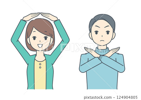 一名女子做出「OK」手勢,一名男子做出「拒絕」手勢 一名女子做出「OK」手勢,一名男子做出「拒絕」手勢 124904805