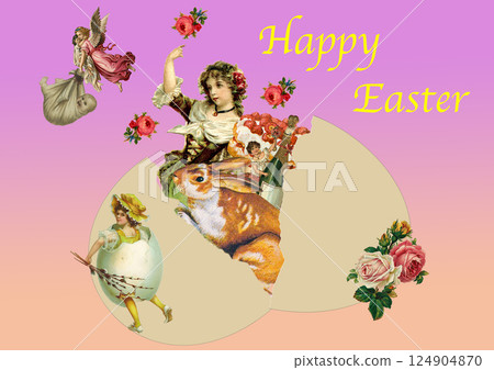 Easter card with an egg cracking and a girl and animals popping out Easter card with an egg cracking and a girl and animals popping out 124904870
