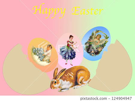 復活節賀卡上有一個雞蛋破裂,一個復活節彩蛋彈出來 復活節賀卡上有一個雞蛋破裂,一個復活節彩蛋彈出來 124904947