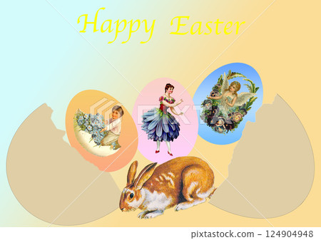 復活節賀卡上有一個雞蛋破裂,一個復活節彩蛋彈出來 復活節賀卡上有一個雞蛋破裂,一個復活節彩蛋彈出來 124904948