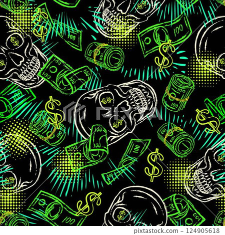Pattern with skull, cash money, scattered 100 dollar notes. Bright glowing neon colors. Outline contour illustrations. Virtual surreal grunge style. Pattern with skull, cash money, scattered 100 dollar notes. Bright glowing neon colors. Outline contour illustrations. Virtual surreal grunge style. 124905618