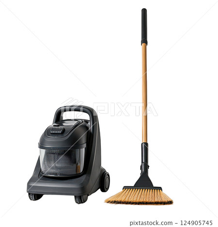 Isolated white vacuum and red mop cleaning equipment transparent background 124905745