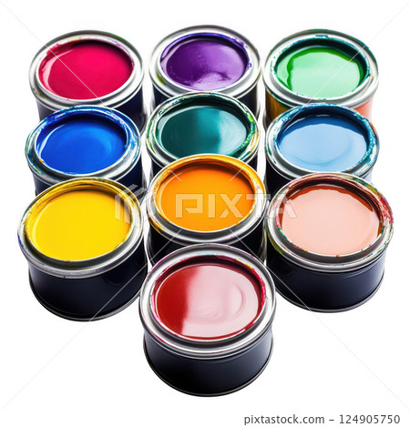 A set of colorful paint cans, yellow, red, green, and blue, isolated for art design transparent background 124905750
