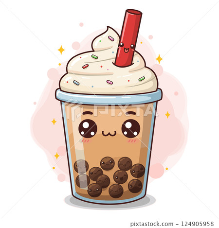 Cute kawaii bubble tea character with whipped cream, sprinkles and red straw Cute kawaii bubble tea character with whipped cream, sprinkles and red straw 124905958