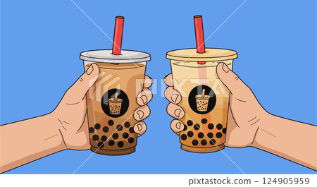 Hands holding bubble tea cups with tapioca pearls for cheers against blue background 124905959