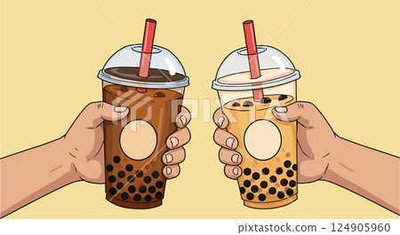 Hands holding bubble tea cups with tapioca pearls for cheers against pastel yellow background Hands holding bubble tea cups with tapioca pearls for cheers against pastel yellow background 124905960