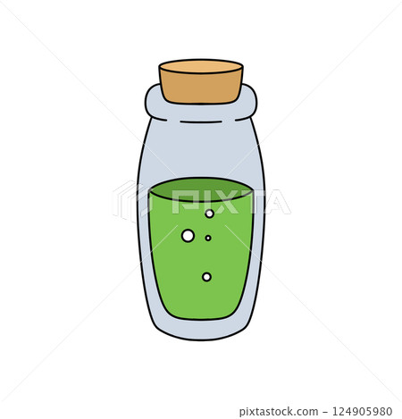 A green bottle with a cork stopper and a green liquid inside 124905980
