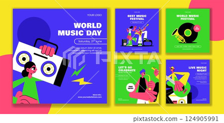 Flat Cartoon Social Media Post Template for World Music Day Celebration with Hand Drawn Style 124905991