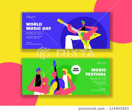 Music Festival Horizontal Banner Template in Hand-Drawn Flat Cartoon Style for World Music Day 124905993