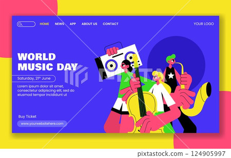 Flat Vector Social Media Landing Page Template Celebrating World Music Day in Cartoon Style 124905997