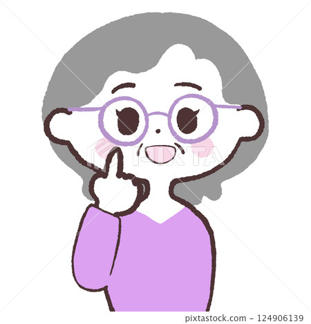 Illustration of a senior woman pointing at her glasses Illustration of a senior woman pointing at her glasses 124906139
