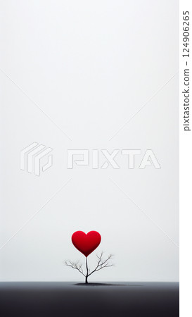A single tree in a vast, empty landscape, shaped like a heart, symbolizing love, growth, and loneliness. The minimalistic composition enhances the emotional depth, evoking feelings of solitude 124906265