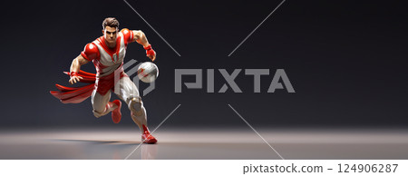 A football player in a red uniform stands as a heroic figure against a dark background, symbolizing power and victory 124906287