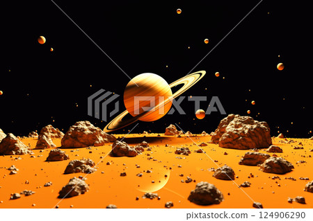 An abstract representation of the cosmos, featuring a glowing orange Saturn surrounded by a deep black space background. mystery and beauty of outer space, perfect for futuristic 124906290