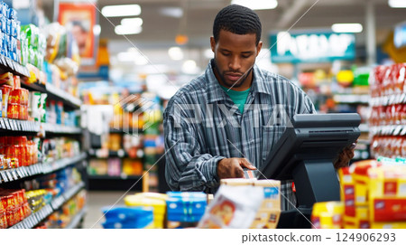 A man with an afro hairstyle standing at a self-service checkout in a supermarket. The man is scanning his items, emphasizing convenience 124906293