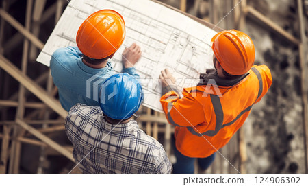 A top view of architects and engineers wearing orange safety helmets, gathered around a construction plan at a building site. teamwork involved in planning and executing a construction project 124906302