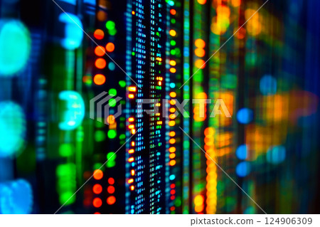 An abstract, colorful background representing data flow and network connections, blending science and business concepts. The vibrant lines and geometric shapes symbolize digital growth 124906309