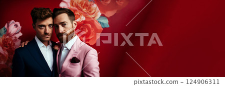A stylish gay couple dressed in fashionable outfits, smiling and celebrating their love. Set against a vibrant red background with ample copy space, the image captures the joy and elegance 124906311