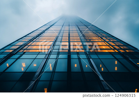 A modern glass skyscraper rising into a soft fog, captured from a dramatic corner angle. The building reflects warm orange lights, blending sleek architecture with an atmospheric urban setting 124906315