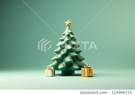 A minimal and stylish Christmas tree decorated with golden ornaments and surrounded by neatly wrapped green gifts, set against a clean, festive background 124906318
