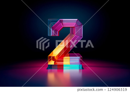 A glowing number 2 illuminated in vibrant purple against a dark background, creating a bold and futuristic visual 124906319