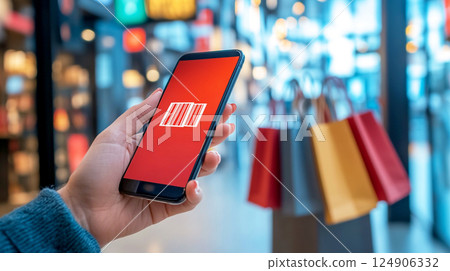 A happy woman holding a smartphone and shopping bags, enjoying an online sale. The bright red accents emphasize excitement and discounts, while the scene captures the convenience of mobile shopping 124906332
