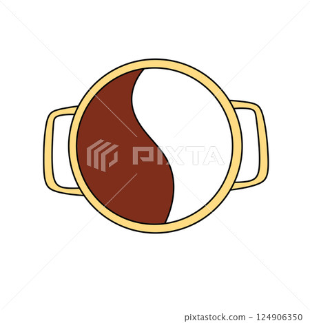 A gold and white bowl with a red and white swirl design A gold and white bowl with a red and white swirl design 124906350