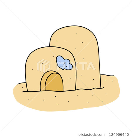 A cartoon drawing of a sand castle with a blue cloud on top A cartoon drawing of a sand castle with a blue cloud on top 124906440