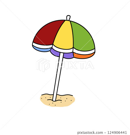 A colorful umbrella is sitting on the sand A colorful umbrella is sitting on the sand 124906441