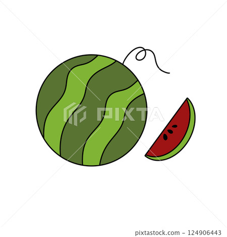 A cartoon drawing of a watermelon with a slice missing 124906443
