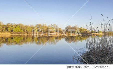 Large pond surrounded by trees and plants. Camping. Spring landscape. Large pond surrounded by trees and plants. Camping. Spring landscape. 124906530