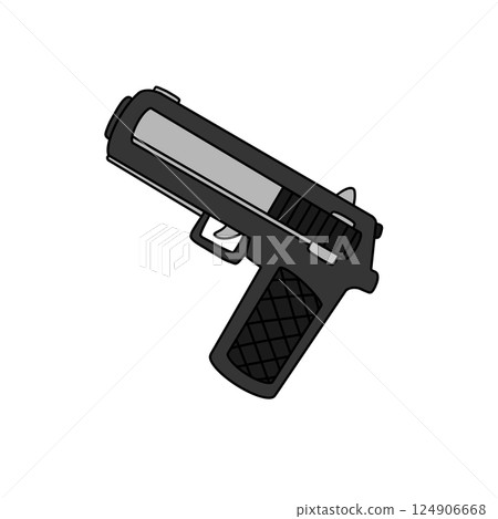 A cartoonish gun with a silver handle and black grip 124906668