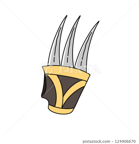 A cartoonish drawing of a three pronged claw with a gold and brown band 124906670