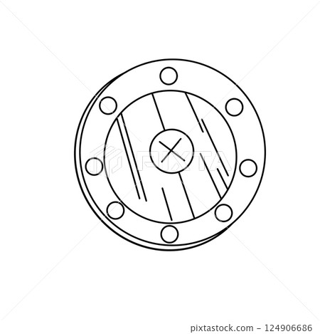 A black and white drawing of a shield with a cross on it A black and white drawing of a shield with a cross on it 124906686