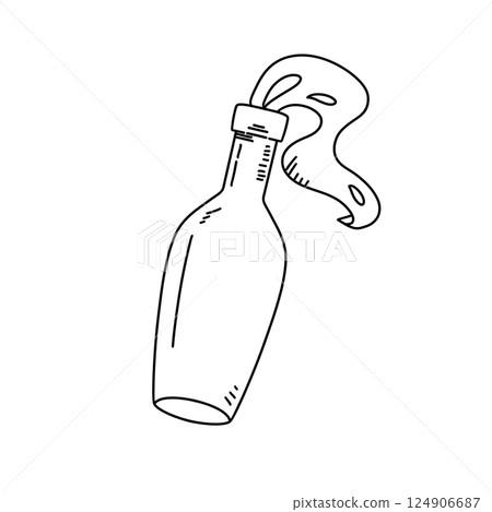 A bottle with a cap on top and a long tail coming out of it A bottle with a cap on top and a long tail coming out of it 124906687