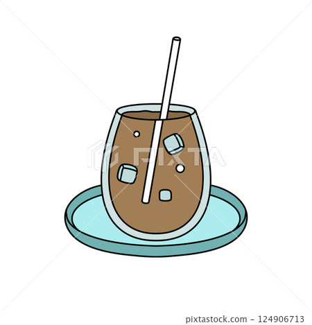 A cartoon drawing of a glass of iced coffee with a straw in it 124906713