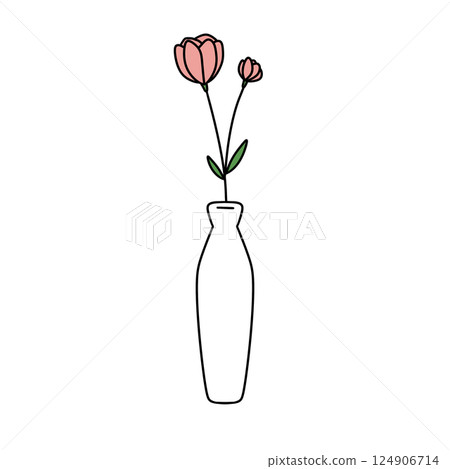 A white vase with two pink flowers in it A white vase with two pink flowers in it 124906714