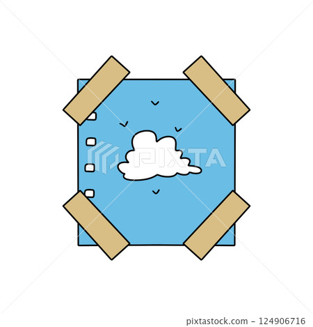A blue and white drawing of a cloud with a piece of tape on it 124906716
