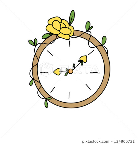 A yellow flower with a stem and leaves is on a clock 124906721